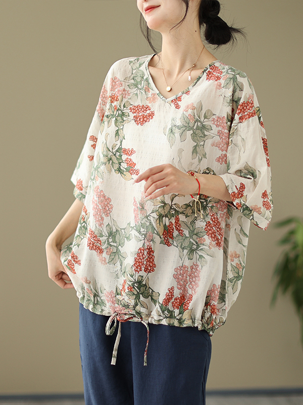 Short Linen Drawstring - Camiseta Feminina de Verão Solta de